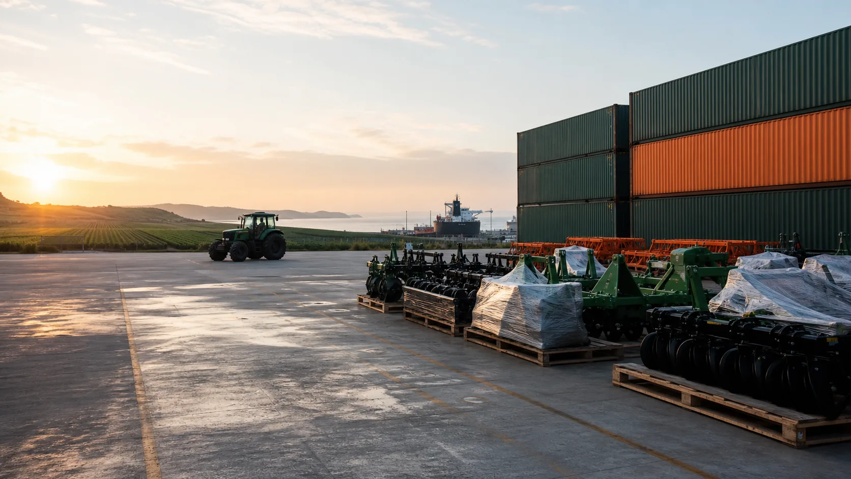 Tractor implements and export cargo prepared beside shipping containers