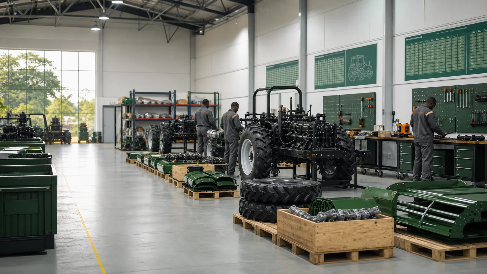 Tractor chassis and parts arranged for SKD inspection in a workshop